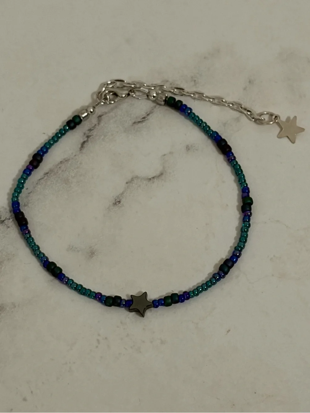 Stacker Dainty Teal Seed Bead and Hematite Star Bracelets